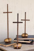SET OF THREE SCRAP METAL CROSSES WITH CAGED ROCK BASES