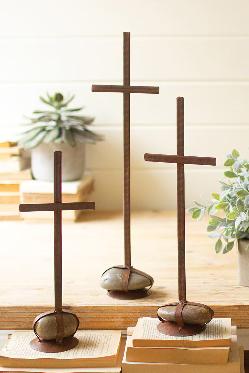 SET OF THREE SCRAP METAL CROSSES WITH CAGED ROCK BASES