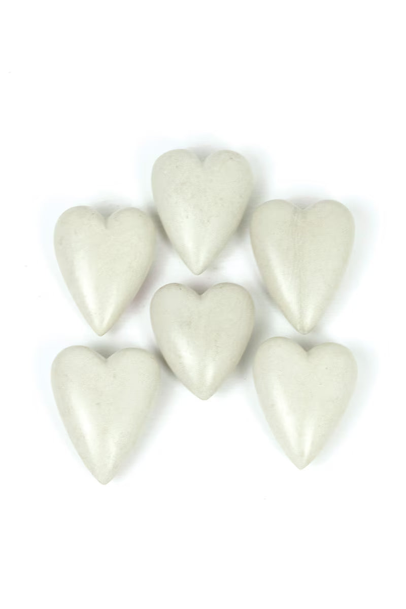 SET OF SIX HAND CARVED STONE HEARTS- WHITE