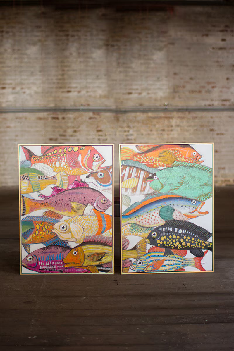 SET OF TWO COLORFUL FISH WITH GOLD FRAME ACRYLIC PAINTING