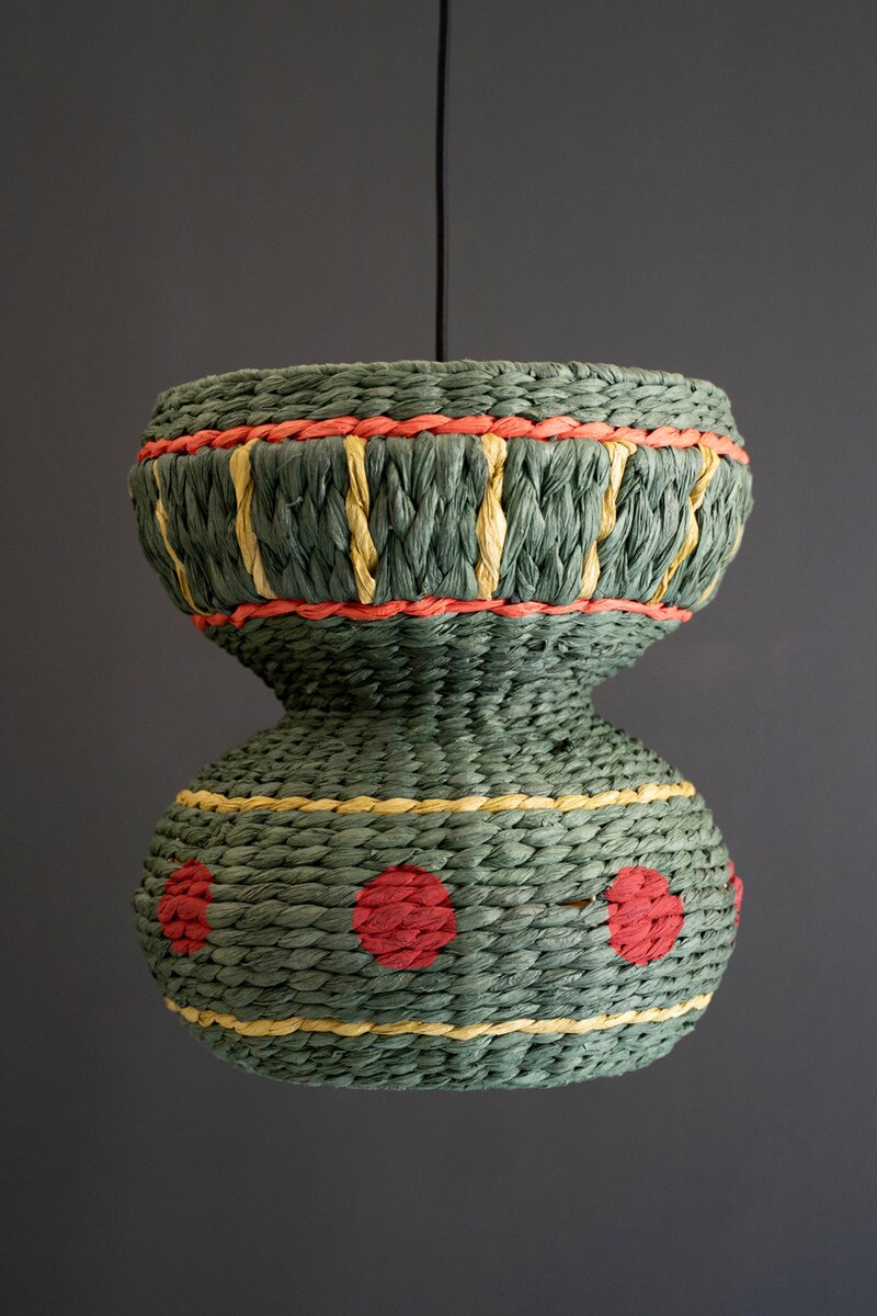 Dark Green Recycled Paper Rope and Iron Pendant Light