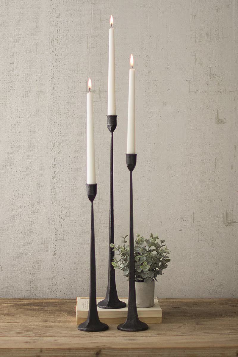 SET OF THREE TALL CAST IRON TAPER CANDLE HOLDERS