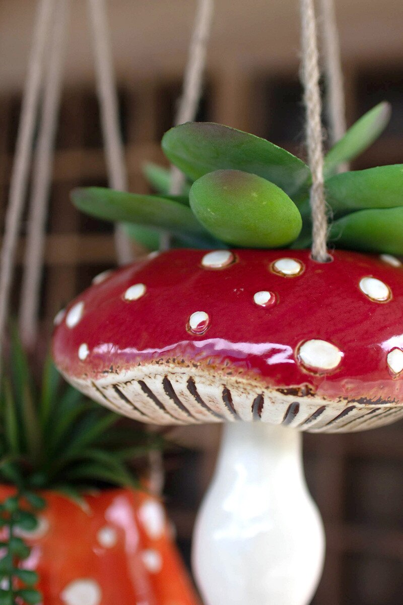 SET OF TWO CERAMIC TOADSTOOL HANGING PLANTERS