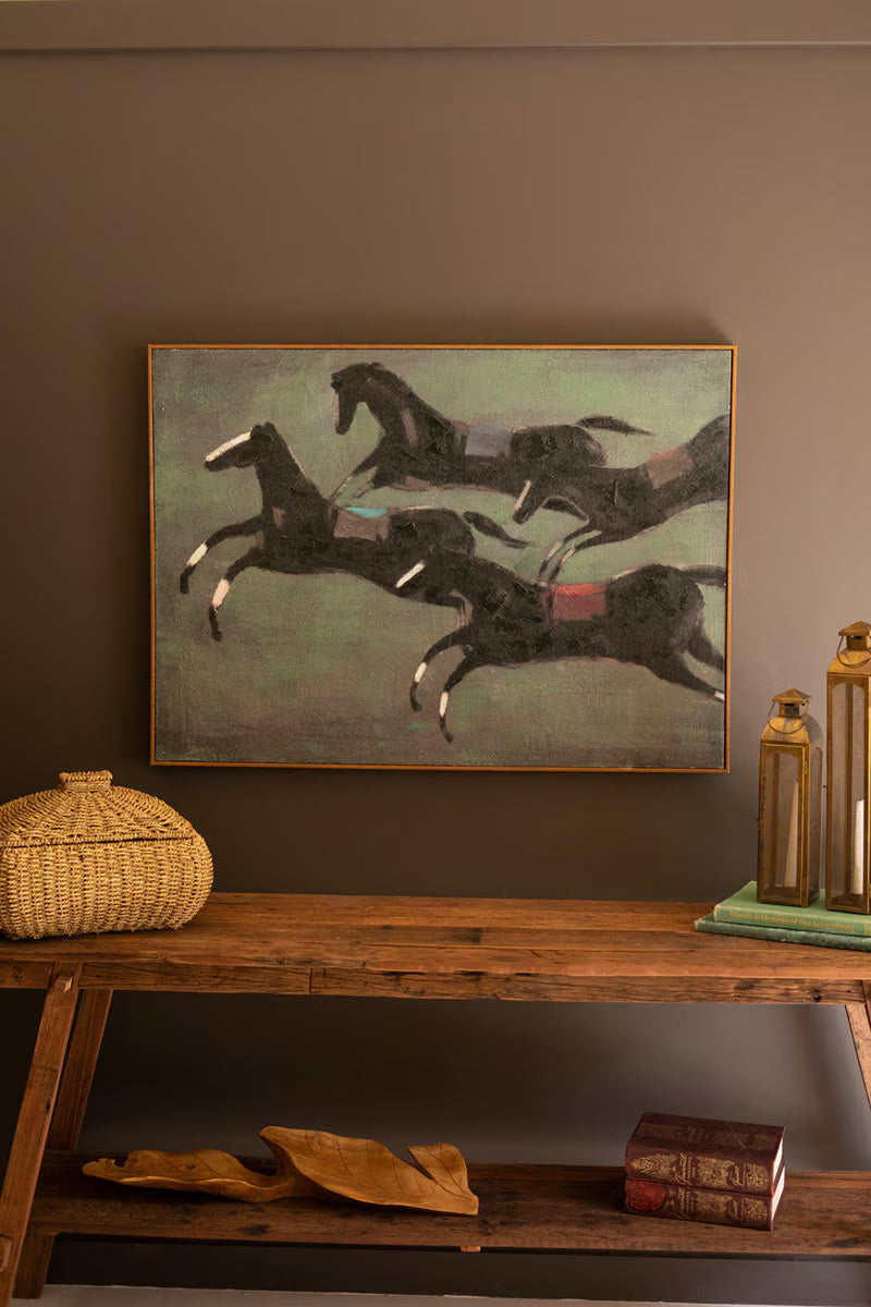 Framed Four Runaway Race Horses Painting