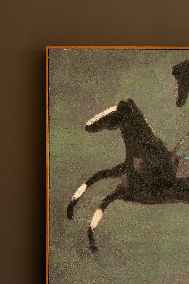 Framed Four Runaway Race Horses Painting