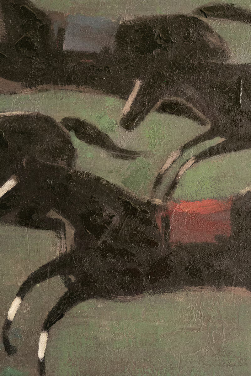 Framed Four Runaway Race Horses Painting