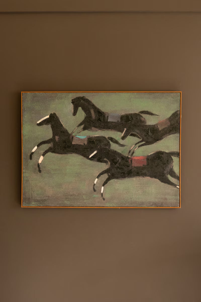 Framed Four Runaway Race Horses Painting