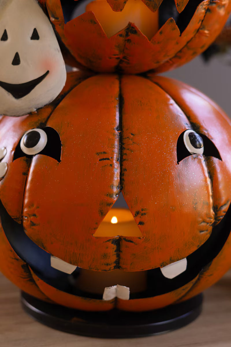 Painted Metal Stack of 4 Jack-O-Lanterns with Witch Hat Luminary