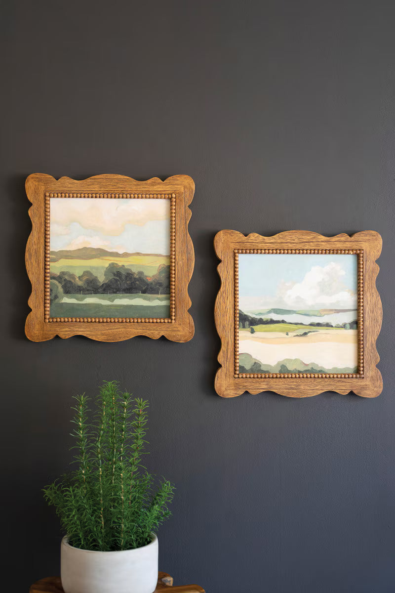 SET OF TWO NATURAL WOOD FRAMED LANSCAPE ACRYLIC PAINTINGS