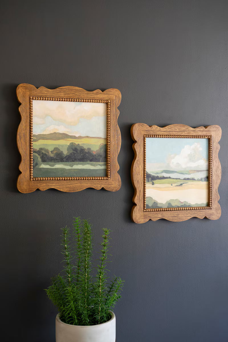 SET OF TWO NATURAL WOOD FRAMED LANSCAPE ACRYLIC PAINTINGS
