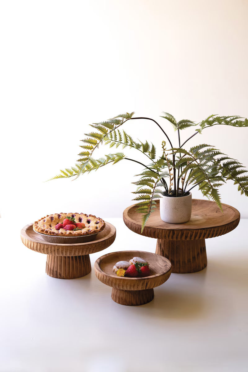 SET OF THREE ETCHED WOOD SERVING STANDS