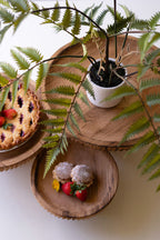 SET OF THREE ETCHED WOOD SERVING STANDS