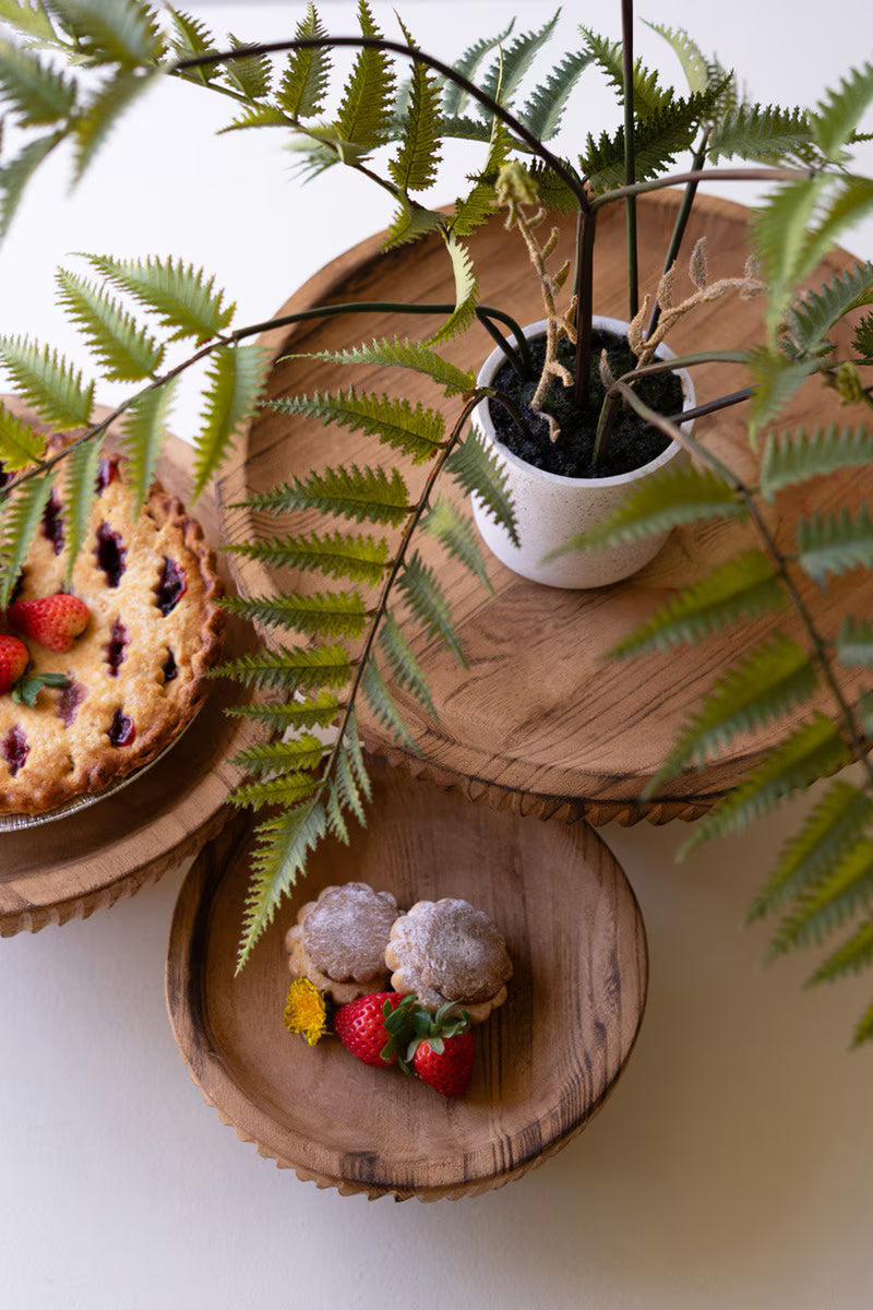 SET OF THREE ETCHED WOOD SERVING STANDS