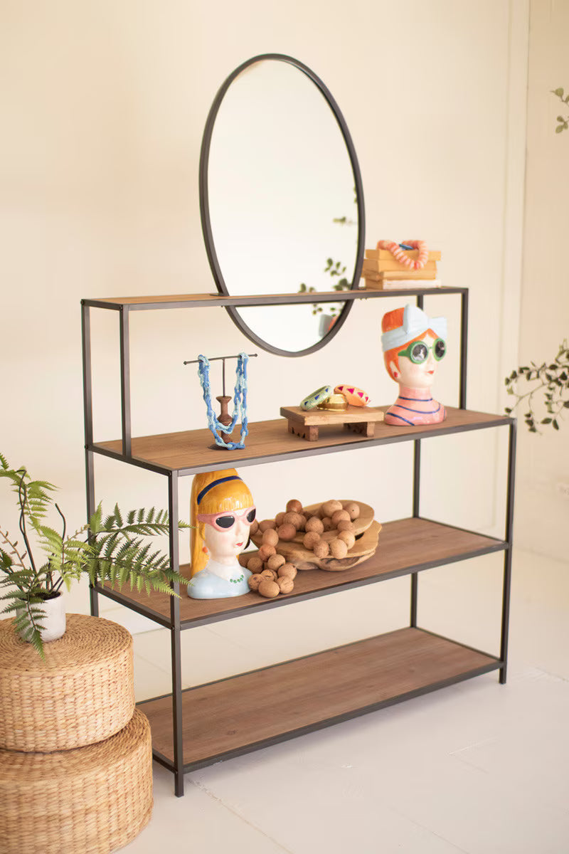 Metal and Wood Display Shelves with Mirror