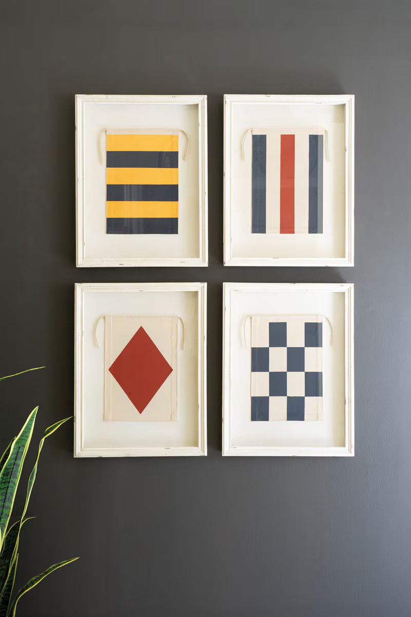 SET OF FOUR FRAMED CANVAS NAUTICAL FLAGS UNDER GLASS