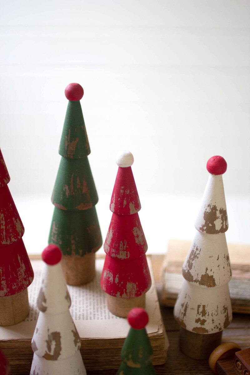 SET OF NINE TURNED WOOD PAINTED CHRISTMAS TREES