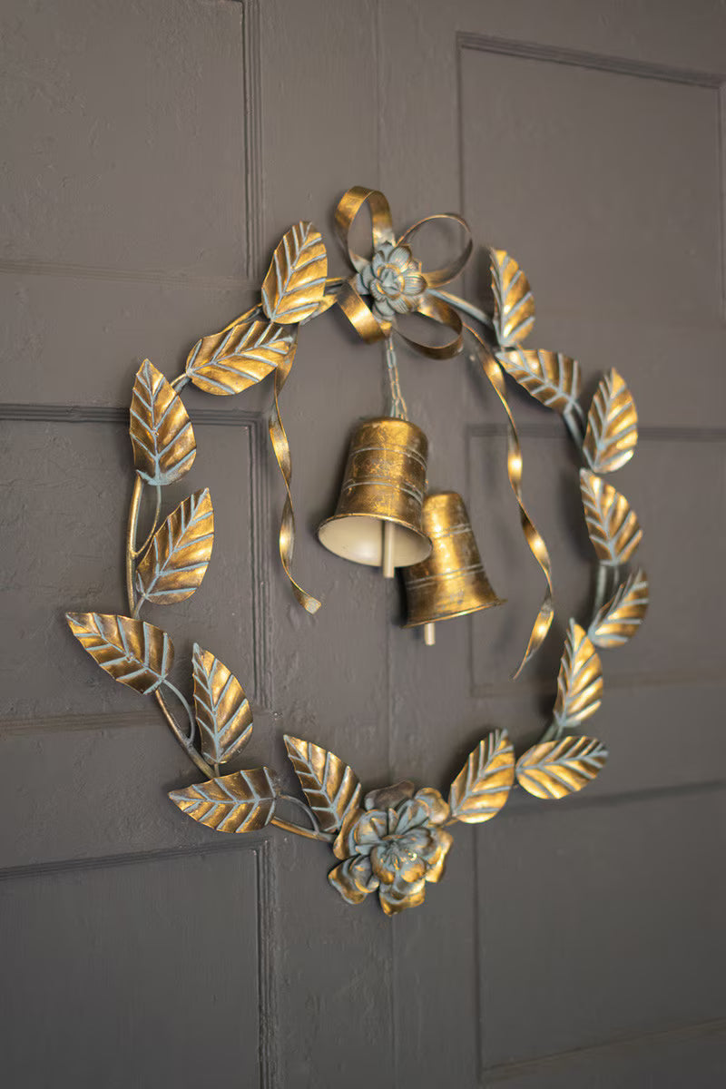 ANTIQUE BRASS CHRISTMAS WREATH LEAVES AND BELLS