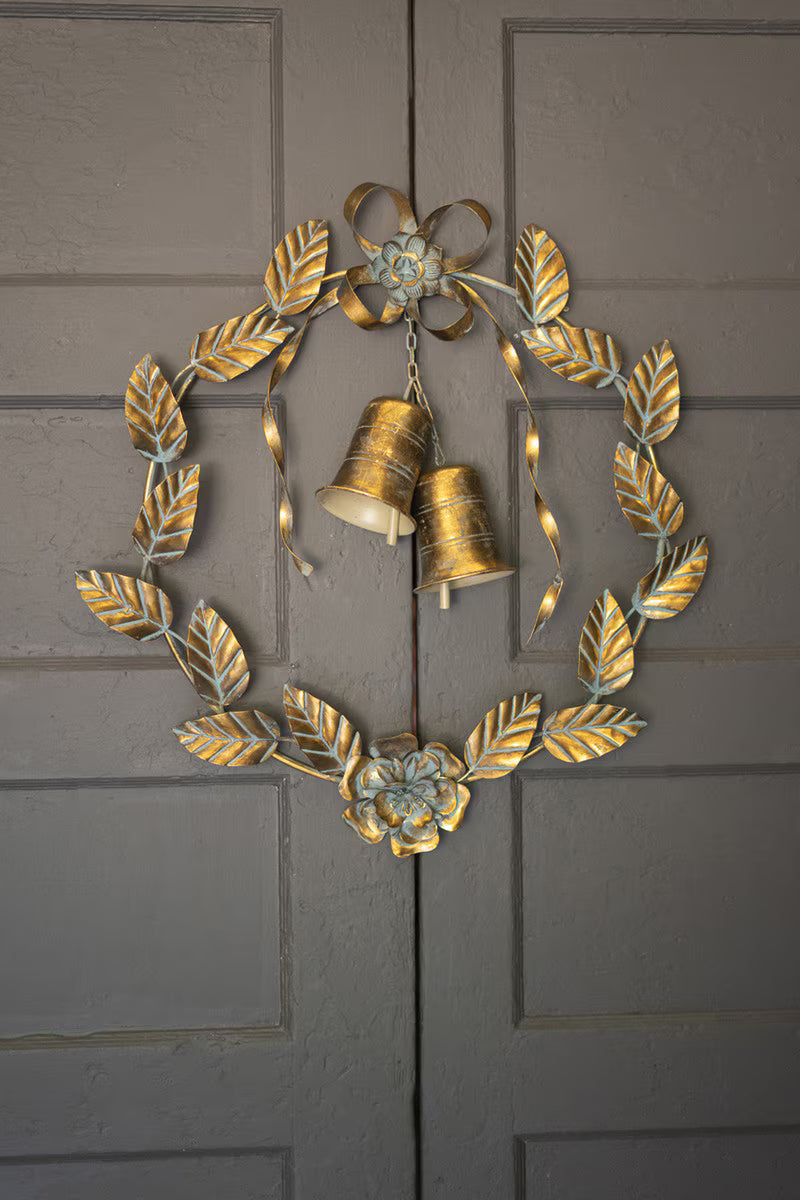 ANTIQUE BRASS CHRISTMAS WREATH LEAVES AND BELLS