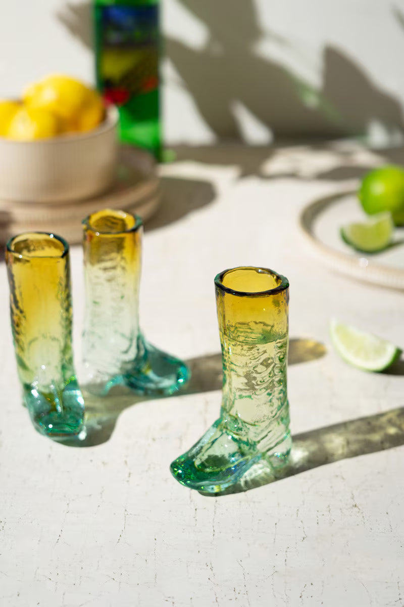RECYCLED GLASS BOOT SHOT GLASS - BLUE AND AMBER