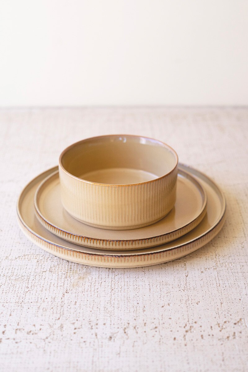 Set of 3 Khaki Ceramic Dinner Plate, Salad Plate and Bowl