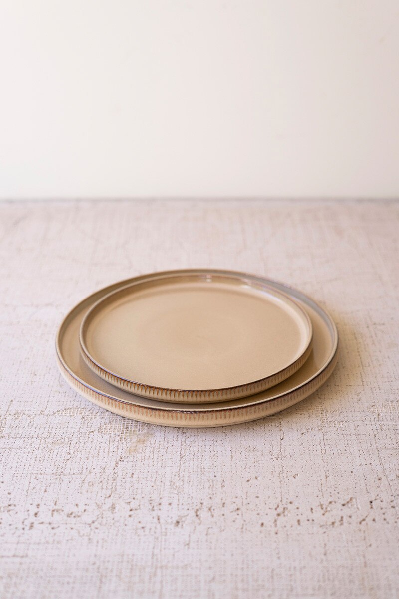 Set of 3 Khaki Ceramic Dinner Plate, Salad Plate and Bowl