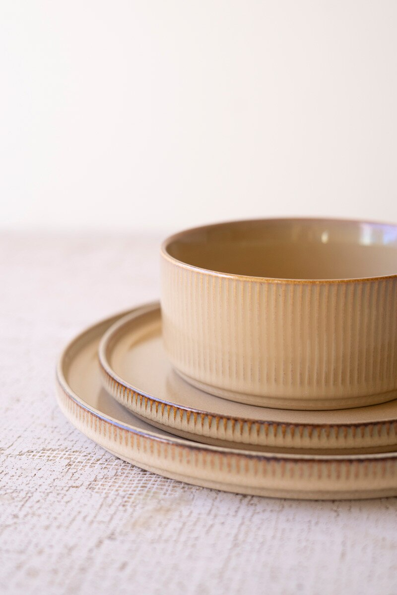 Set of 3 Khaki Ceramic Dinner Plate, Salad Plate and Bowl