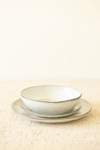 Set of 3 Antique Grey Ceramic Dinner Plate, Salad Plate and Bowl