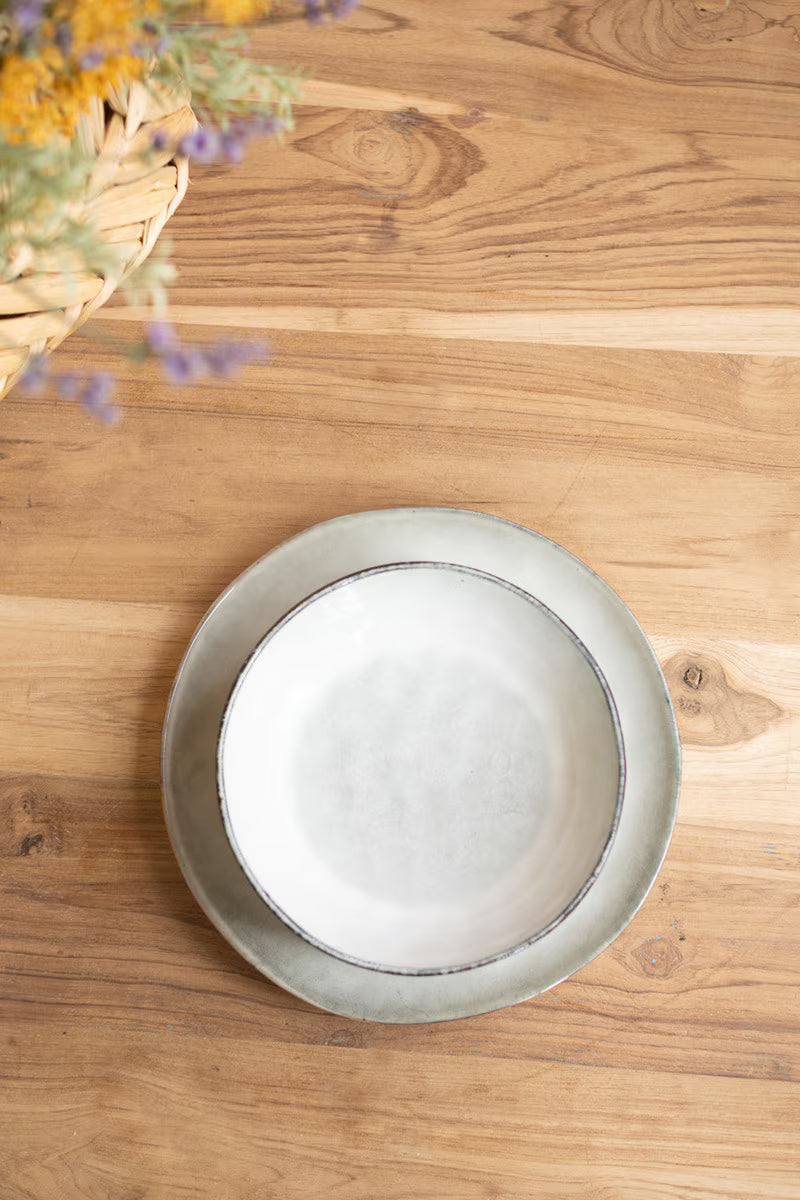 Set of 3 Antique Grey Ceramic Dinner Plate, Salad Plate and Bowl