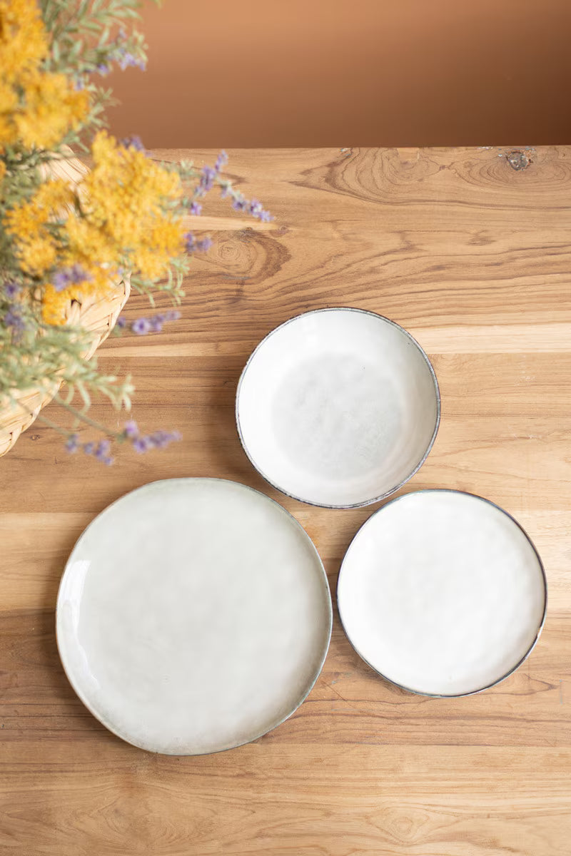 Set of 3 Antique Grey Ceramic Dinner Plate, Salad Plate and Bowl