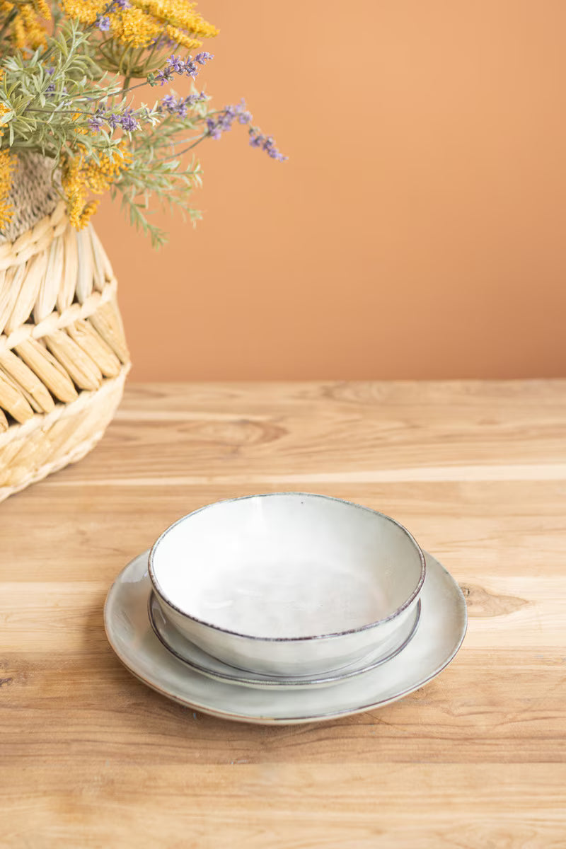 Set of 3 Antique Grey Ceramic Dinner Plate, Salad Plate and Bowl