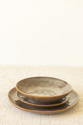 Set of 3 Antique Brown Ceramic Dinner Plate, Salad Plate and Bowl