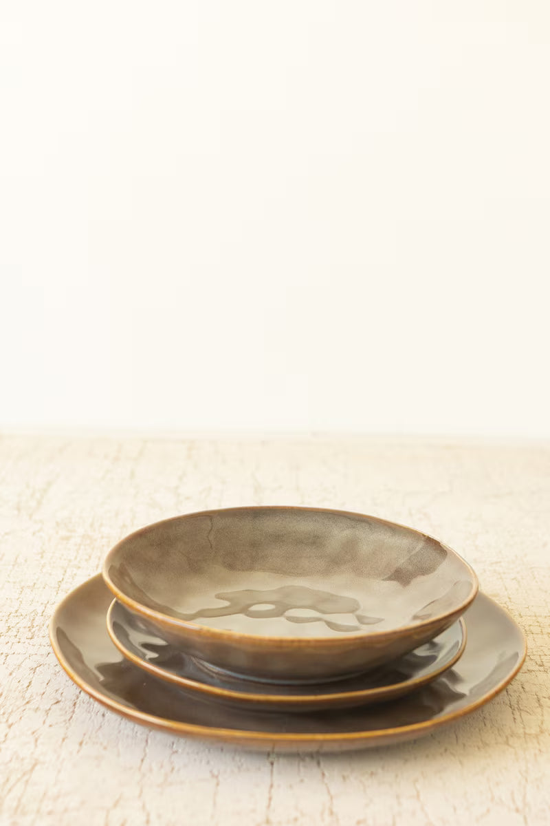 Set of 3 Antique Brown Ceramic Dinner Plate, Salad Plate and Bowl