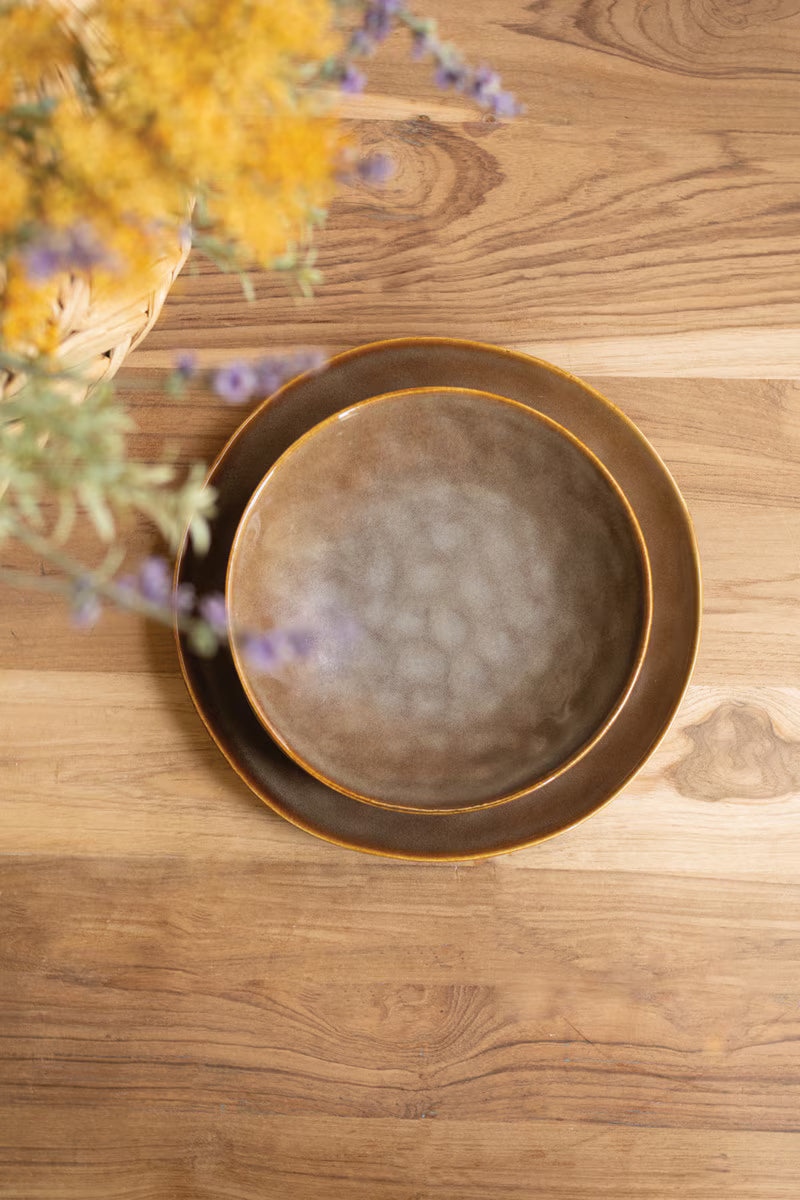 Set of 3 Antique Brown Ceramic Dinner Plate, Salad Plate and Bowl