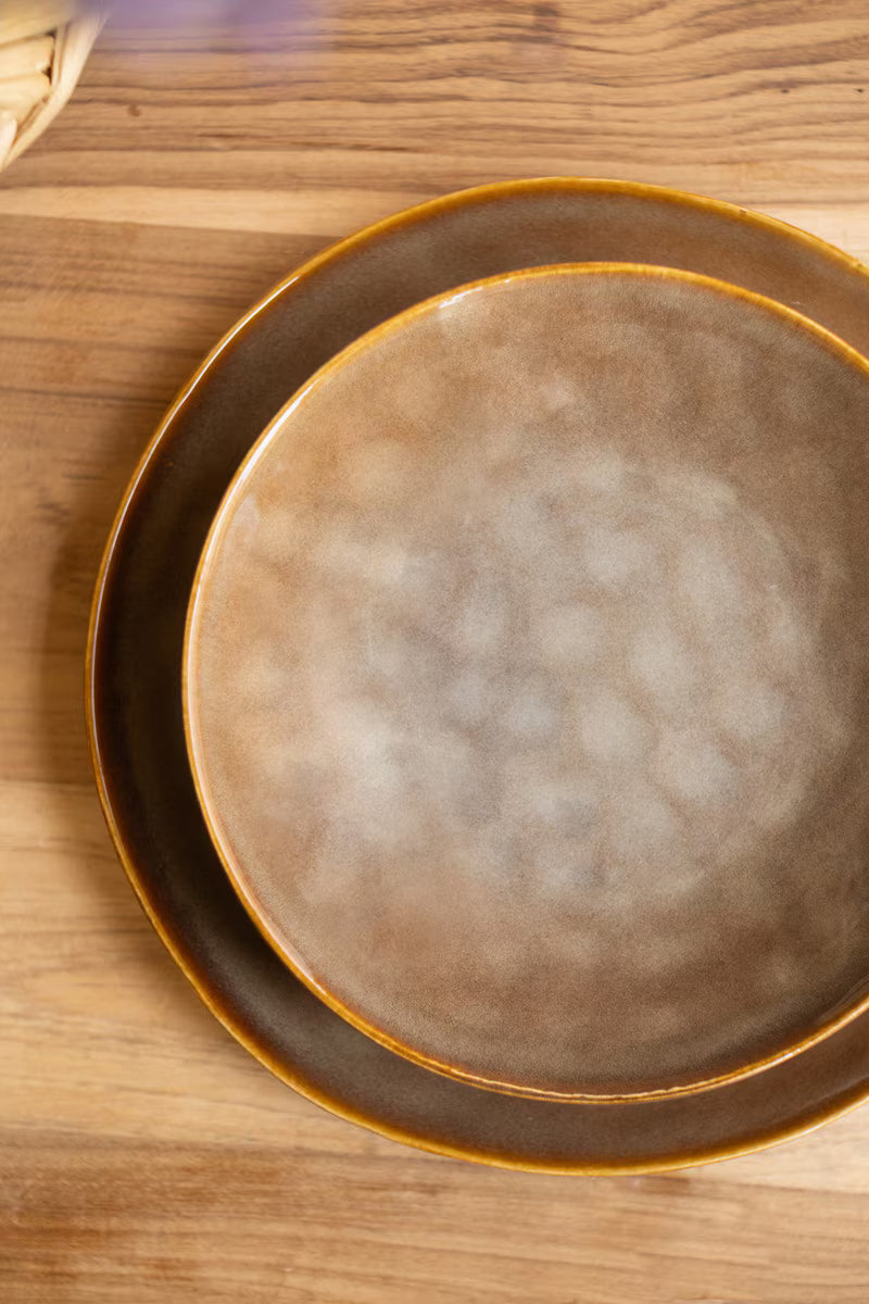 Set of 3 Antique Brown Ceramic Dinner Plate, Salad Plate and Bowl
