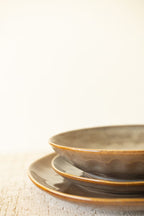 Set of 3 Antique Brown Ceramic Dinner Plate, Salad Plate and Bowl