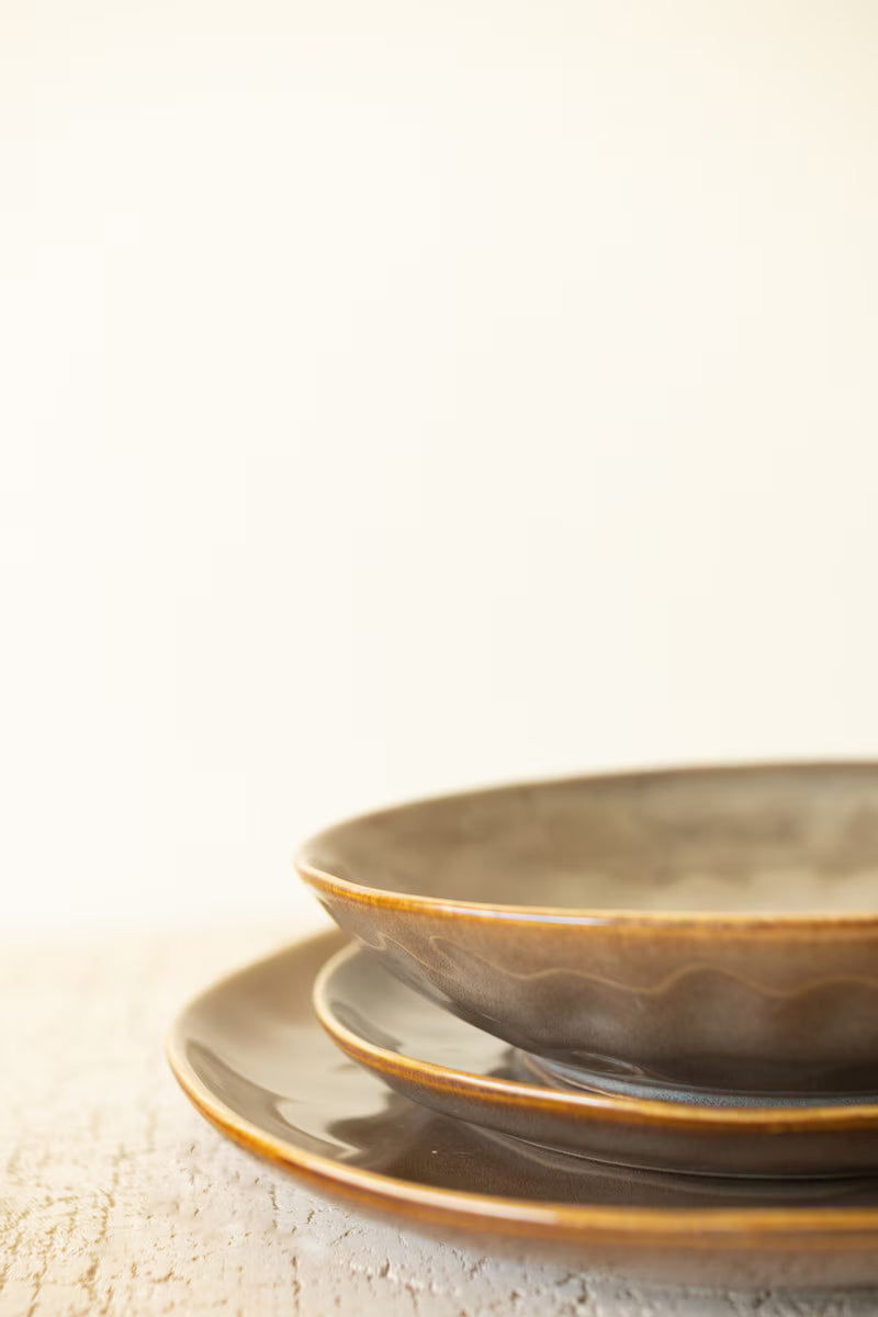 Set of 3 Antique Brown Ceramic Dinner Plate, Salad Plate and Bowl