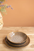 Set of 3 Antique Brown Ceramic Dinner Plate, Salad Plate and Bowl
