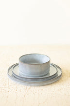 Set of 3 Blue Ceramic Dinner Plate, Salad Plate and Bowl with Ridges