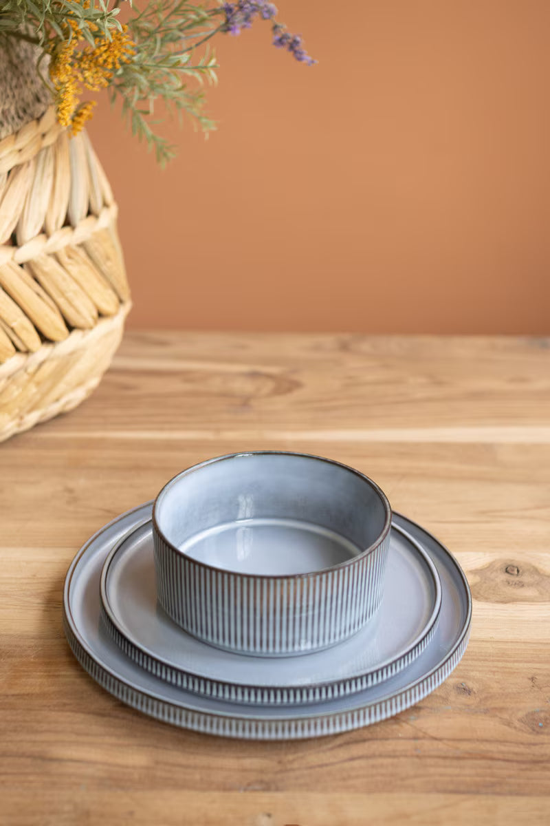 Set of 3 Blue Ceramic Dinner Plate, Salad Plate and Bowl with Ridges
