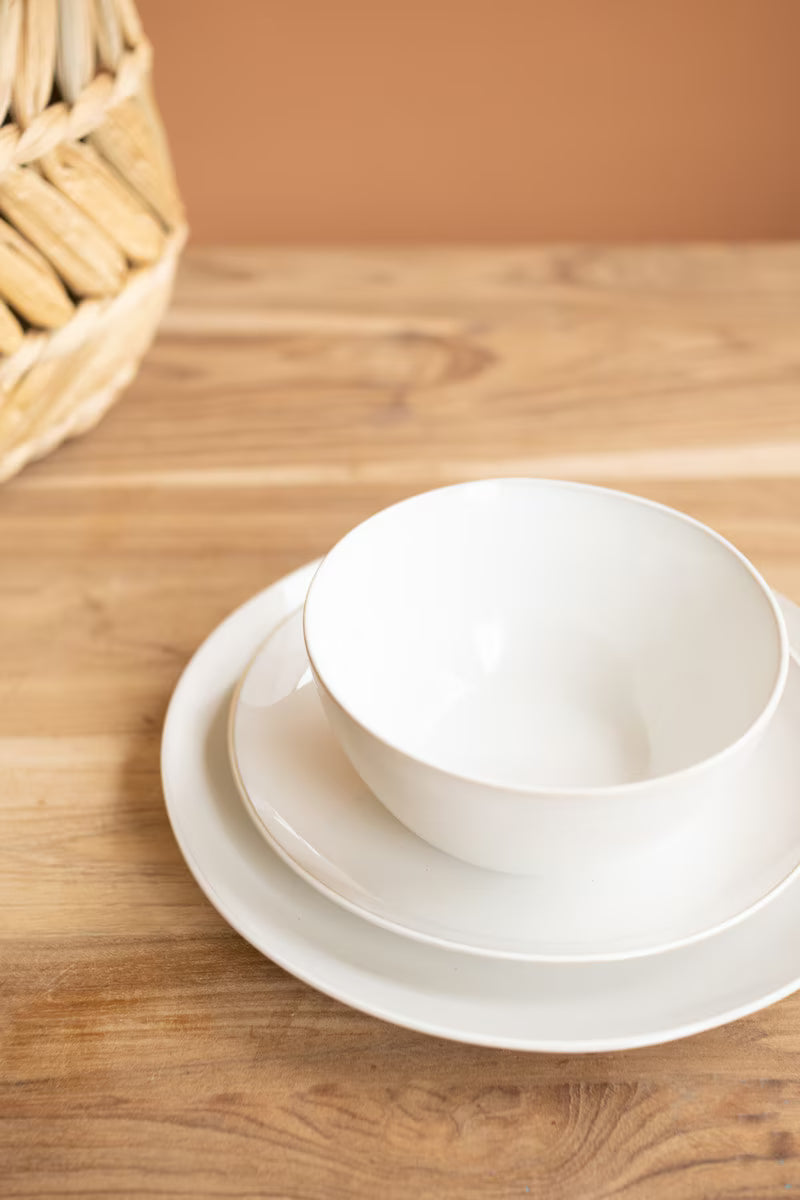 Set of 3 Antique White Ceramic Dinner Plate, Salad Plate and Bowl