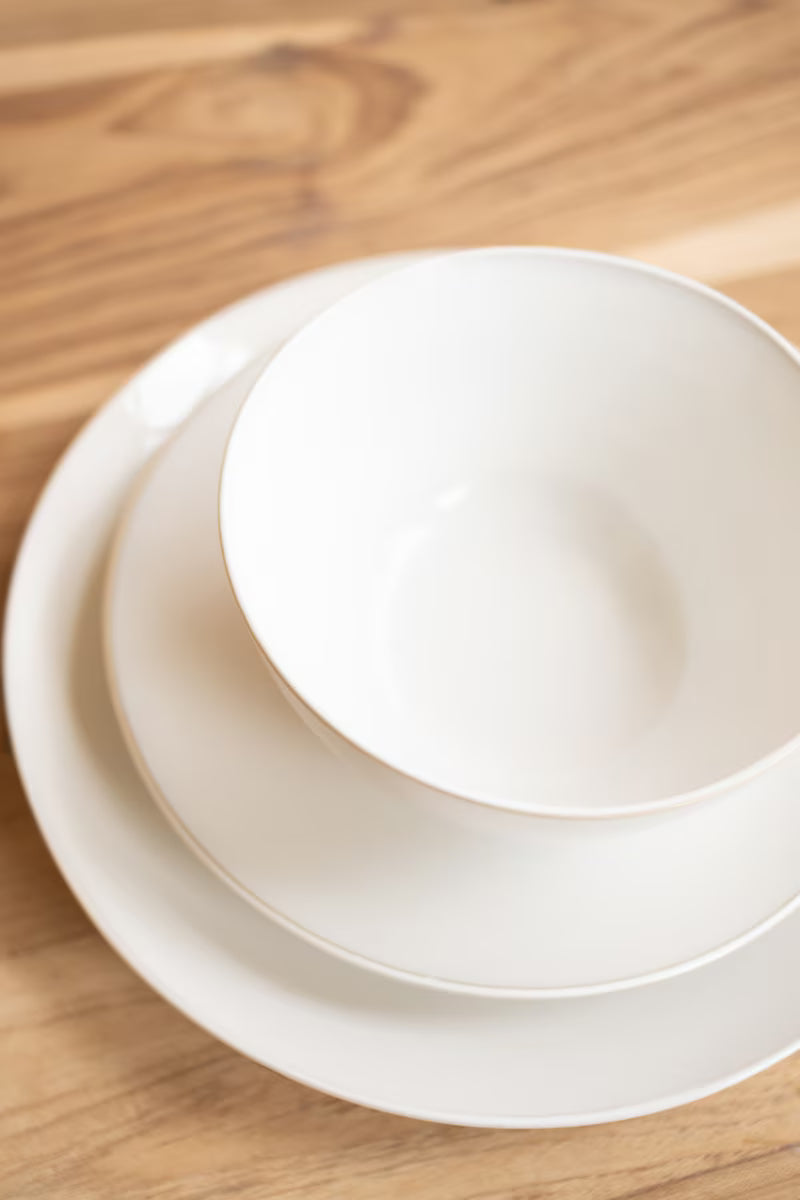 Set of 3 Antique White Ceramic Dinner Plate, Salad Plate and Bowl