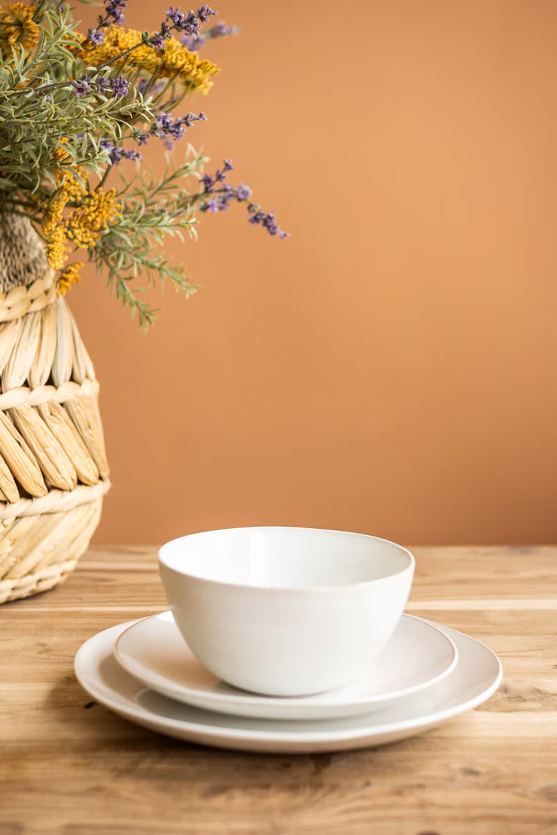 Set of 3 Antique White Ceramic Dinner Plate, Salad Plate and Bowl