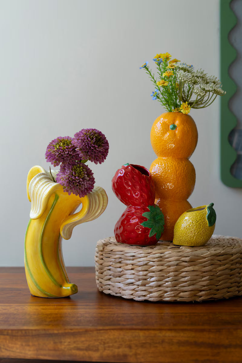 SET OF THREE CERAMIC BUD VASES - ORANGE, STRWBERRY AND LEMON
