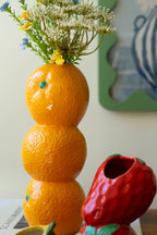 SET OF THREE CERAMIC BUD VASES - ORANGE, STRWBERRY AND LEMON