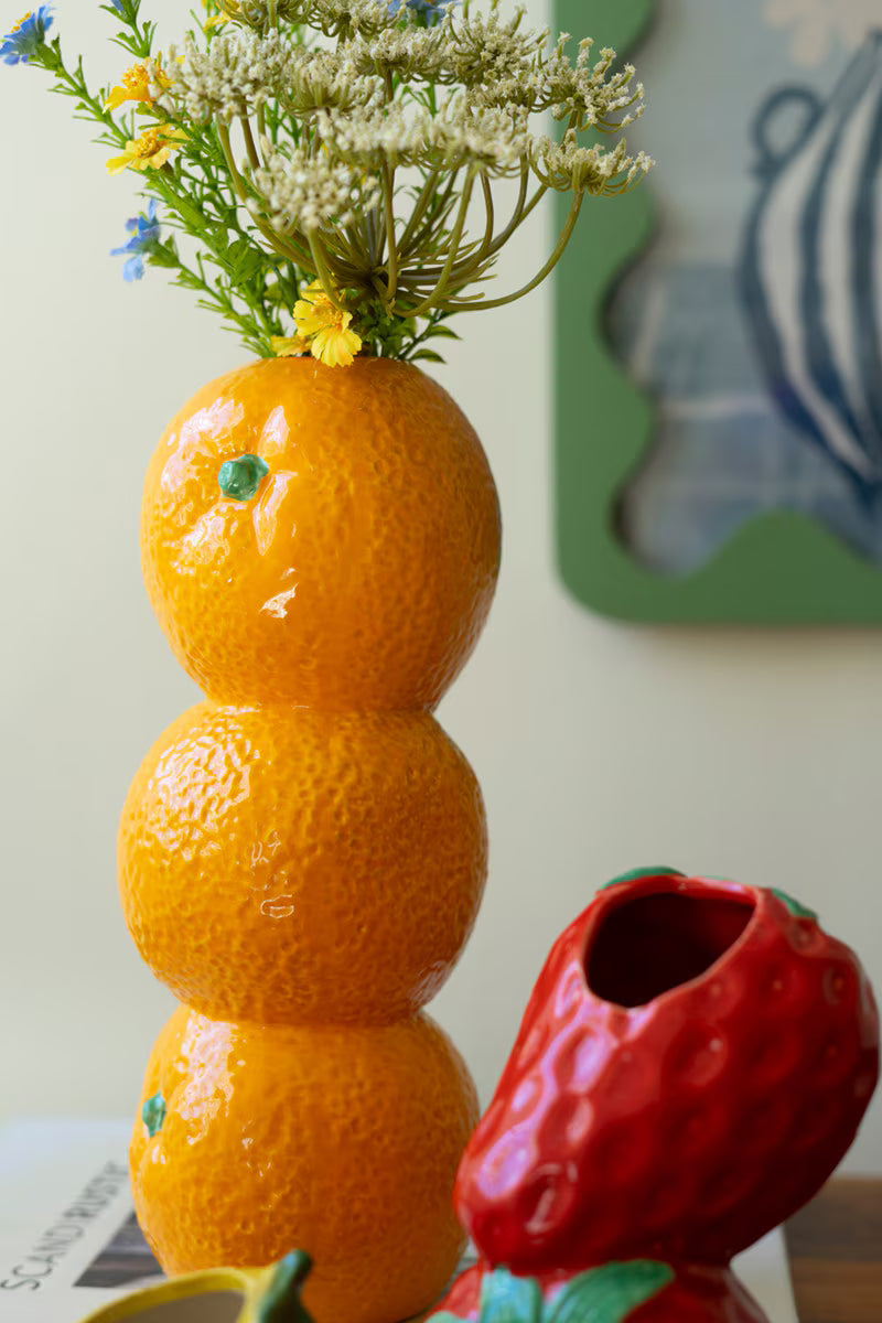 SET OF THREE CERAMIC BUD VASES - ORANGE, STRWBERRY AND LEMON