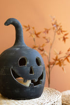 SET OF TWO BLACK CLAY JACK-O-LANTERNS