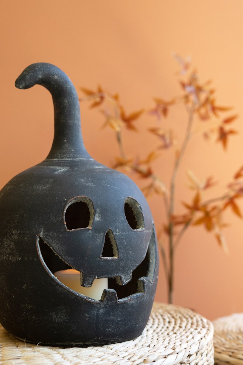 SET OF TWO BLACK CLAY JACK-O-LANTERNS
