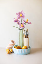 Set of 4 Ribbed Clay Cylinder Vases & Bowl