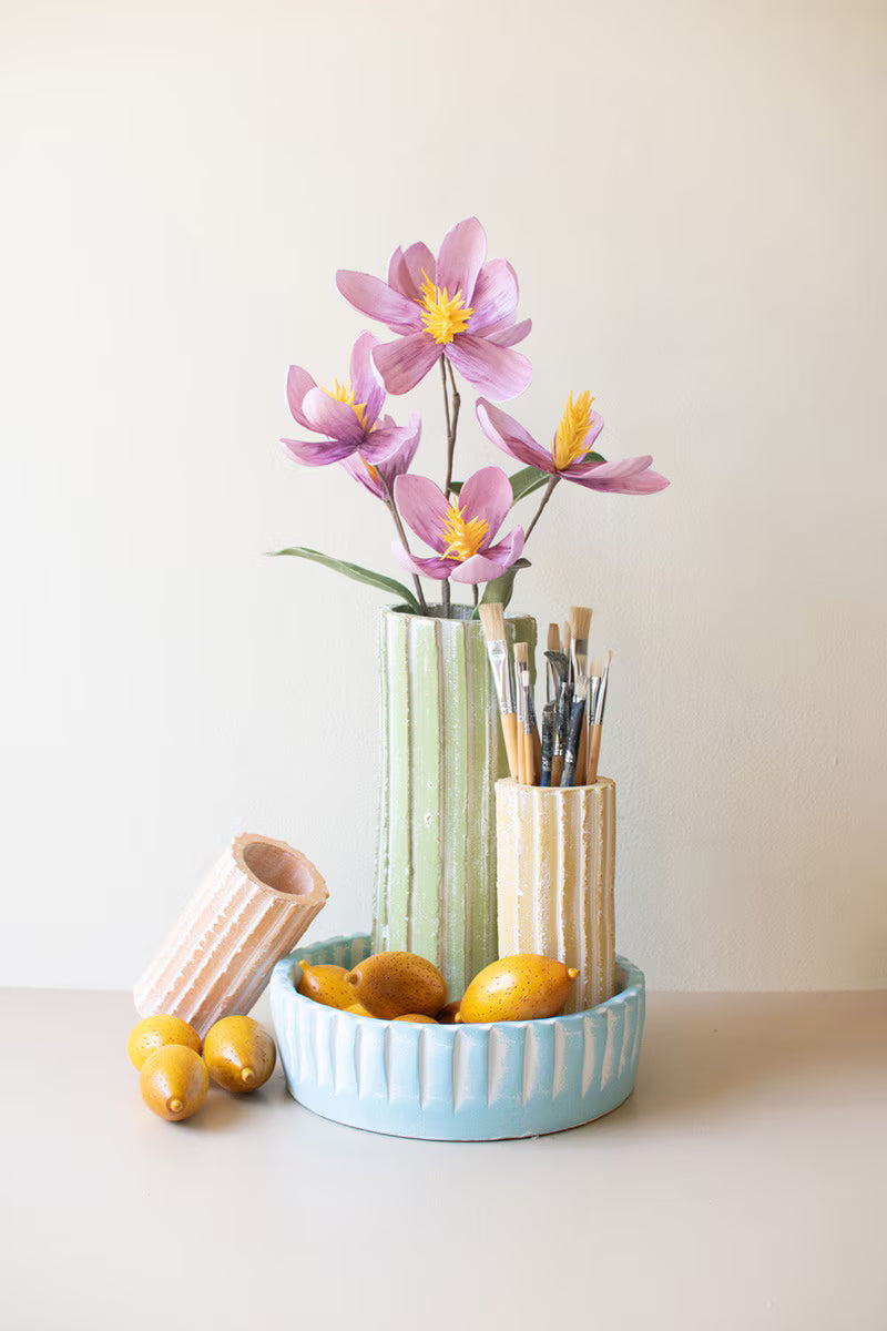 Set of 4 Ribbed Clay Cylinder Vases & Bowl