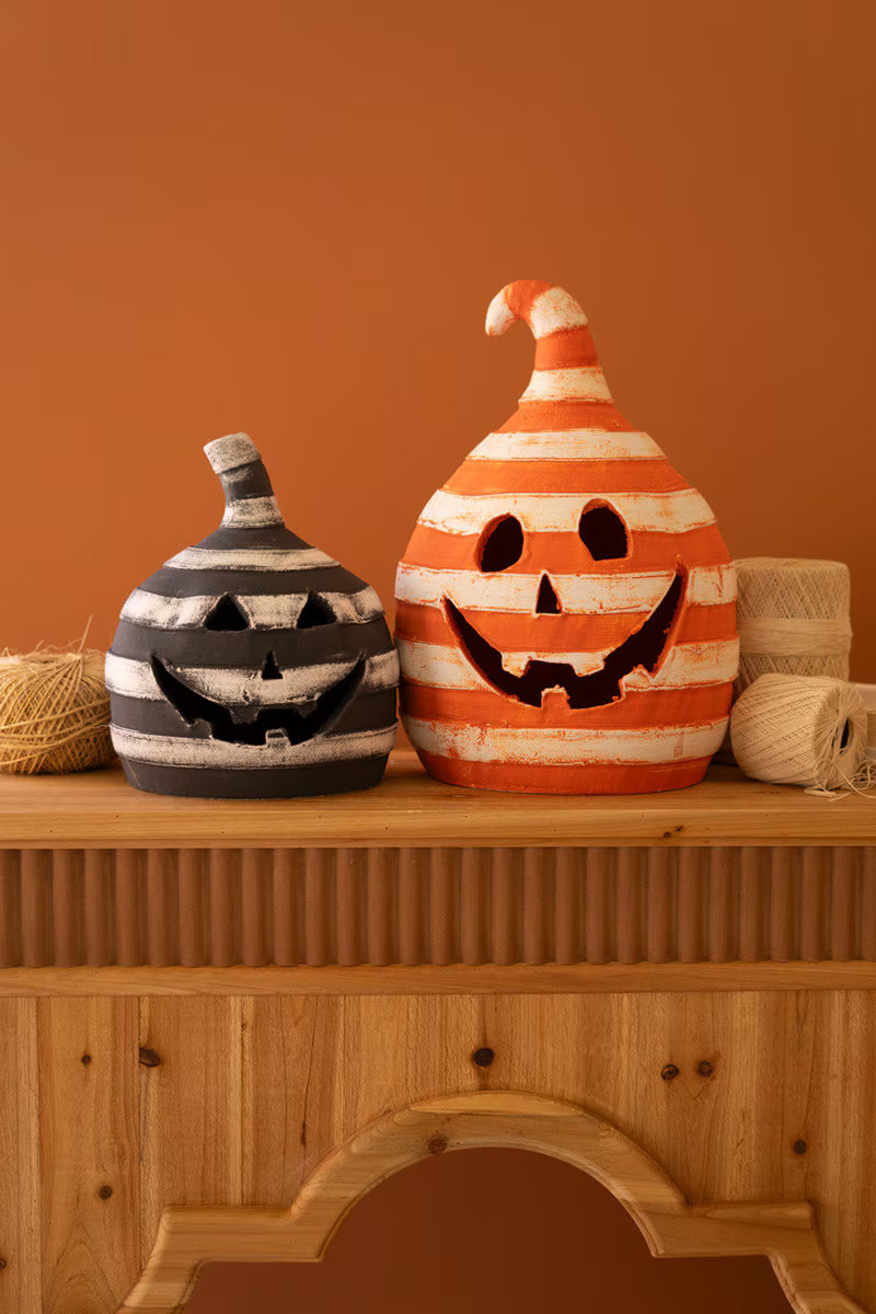 Set of 2 Painted Clay Striped Jack-O-Lanterns